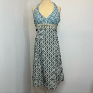 Athleta Size Medium Midi Blue Patterned Halter Dress Lightweight Zipper Pocket